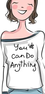 Cartoon girl with motivational message on shirt.