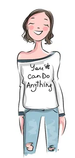 Cartoon girl in casual wear with motivational text.