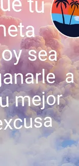 Cloudy background with motivational Spanish text.