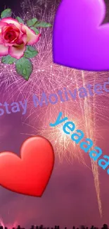 Dynamic wallpaper with fireworks, hearts, and motivational text.