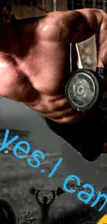 Motivational gym wallpaper with muscular man lifting weights and 'yes.I can' text.