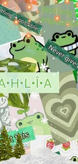 Frog-themed mobile wallpaper with motivational quotes and green tones.