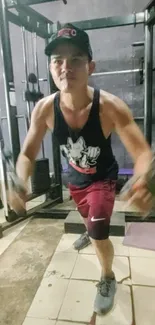 Man exercising in gym, focused workout session, motivational scene.