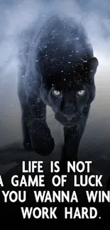 Panther with misty background and motivational quote.