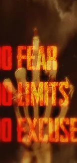 Motivational wallpaper with skull and red text: No Fear, No Limits, No Excuses.