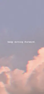 Dreamy sky wallpaper with motivational text 'Keep moving forward'.