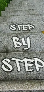 Stone steps with 'Step by Step' text and greenery.