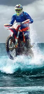 Biker performing stunt on ocean waves with a dramatic background.