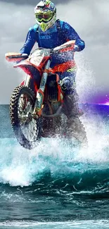 Motocross bike leaping through ocean waves with dramatic splash.