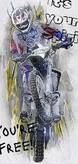 Motocross rider in dynamic action with bold text art.