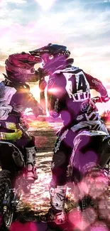 Motocross riders at sunset with pink vibrant elements.