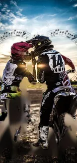 Motocross riders with musical notes under a vibrant sky wallpaper.