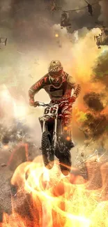 Motocross biker with flames and helicopters in action scene wallpaper.