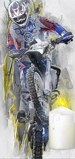 Motocross rider with artistic effect, featuring a bike and a lit candle.