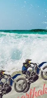 Motocross riders on a beach with ocean waves, blending thrill and nature.