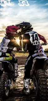 Two motocross riders embrace at sunset, capturing adventure and romance.