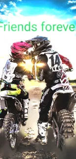 Two motocross riders at sunset with 'Friends forever' text.