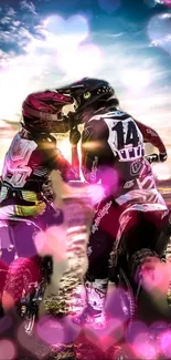 Motocross couple sharing a moment at sunset with heart lights.