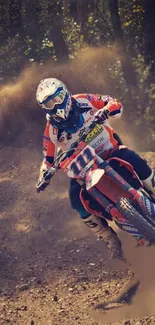 Motocross racer speeding on dirt track with flying dust.