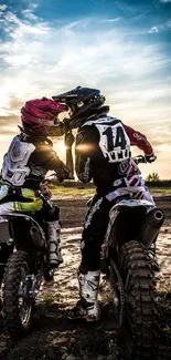 Motocross riders at sunset capturing the thrill of adventure and speed.