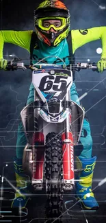 Motocross rider with vibrant gear on a smoky background.