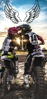 Motocross riders at sunset with artistic wings in the sky.