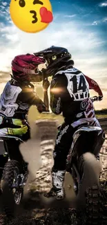 Motocross couple sharing a romantic kiss during a sunset ride.