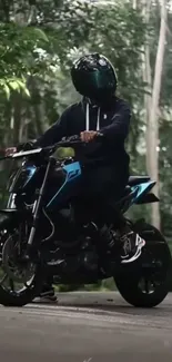 Motorbike rider in forest setting with lush greenery.