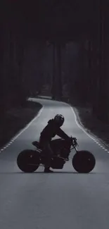 Silhouette of a motorbike rider on a dark forest road.