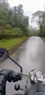 Motorbike ride through lush, misty road and green nature scenery.