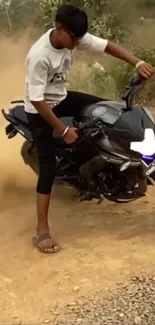 Rider on motorcycle performing stunt on dirt road.