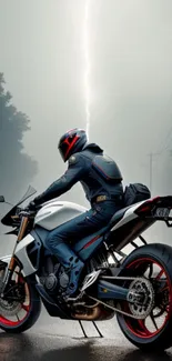 Motorcycle rider under lightning in stormy setting wallpaper.