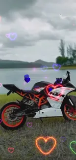 Sporty motorbike by a lake with heart overlays.