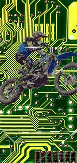 Motorbike riding on green circuit board design.