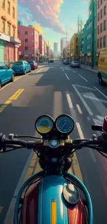 Motorbike ride through colorful city street.