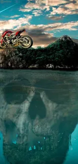 Motorbike on island with skull reflection in water wallpaper.