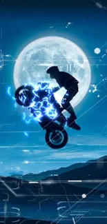 Motorbike jumps silhouetted against a glowing full moon in a blue night sky.