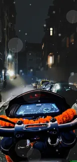 Motorbike view in a vibrant cityscape at night with lights and dashboard.