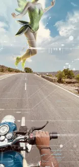 Fantasy motorbike ride with a fairy in the sky over a scenic road.