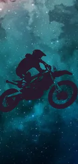 Motorbike silhouette soaring in a galaxy-themed wallpaper.