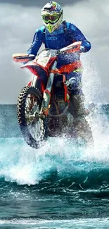 Motorbike splashing through ocean waves in dynamic wallpaper.