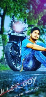 Young man with motorbike on a street background.