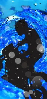 Motorbike rider silhouette in a cosmic blue swirl with sparkling effects.