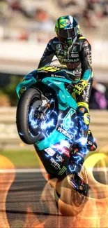 Motorbike performing a wheelie on a race track, teal colors.