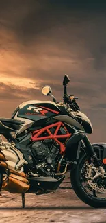 Motorbike at sunset on a beach with vibrant sky