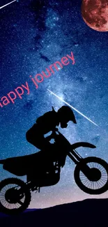 Motorbike silhouette jumping under a starry night sky with a red moon.