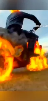 Motorbike with fiery wheels speeding down a road.