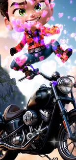 Animated character above motorbike with mountain background.