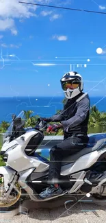 Motorcycle rider by the sea with vibrant blue sky and scenic backdrop.