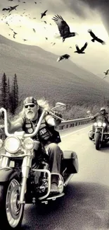 Black and white motorcycle road trip with ravens in mountain scenery.